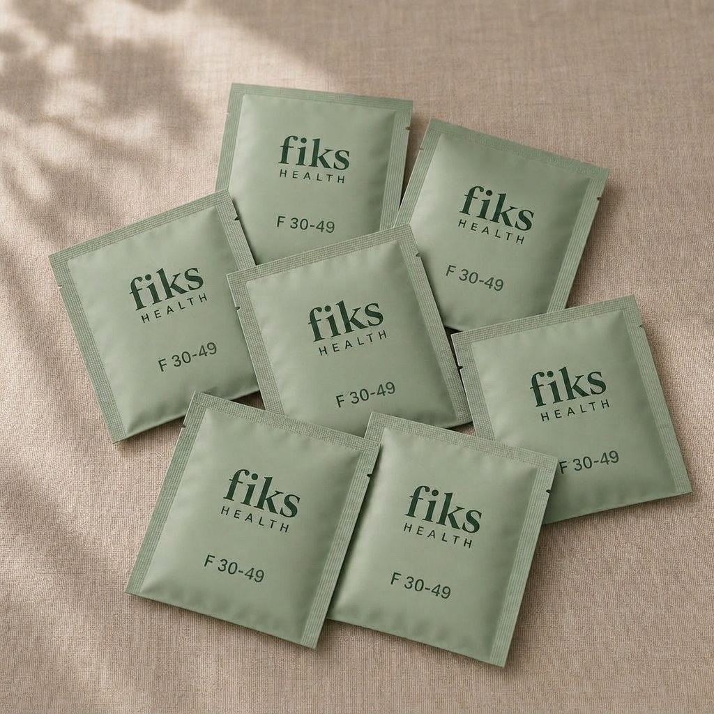 A single daily sachet from the fiks.health Female 30-49 range on a warm cream background.