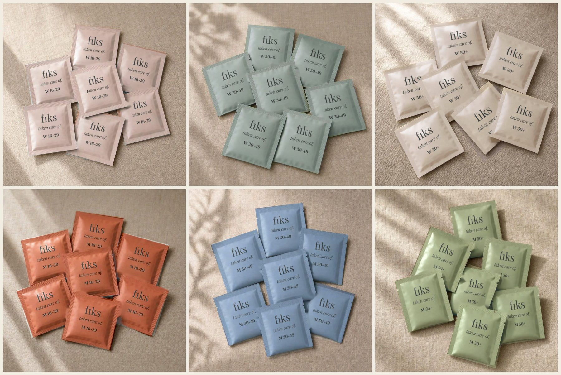 Six piles of Fiks daily pouches on linen, one pile for each age group: Women 16–29, Women 30–49, Women 50+, Men 16–29, Men 30–49 and Men 50+, each in its own colour and printed fiks, taken care of.