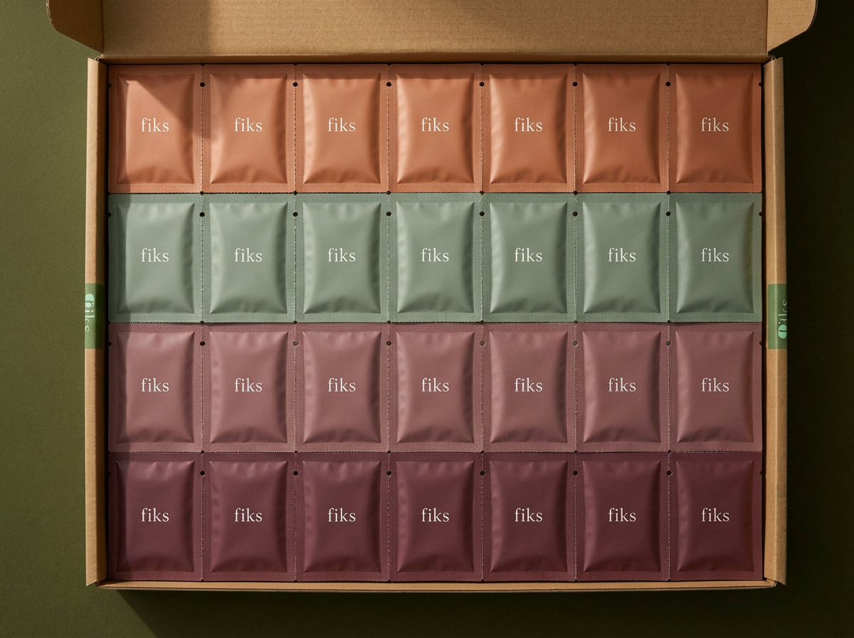 fiks.health monthly box, 4 weekly strips of 7 daily sachets
