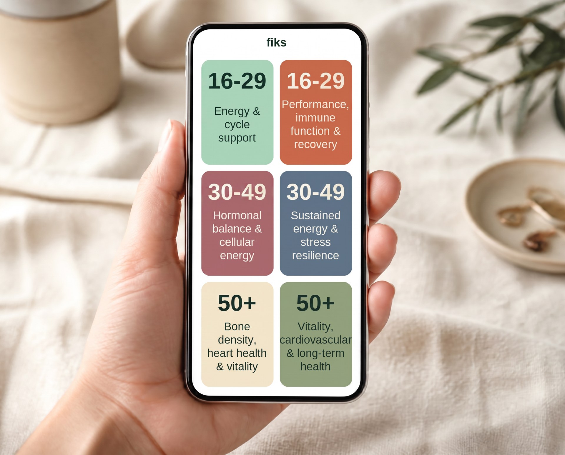 A hand holding a phone showing the fiks.health age and gender selection screen.